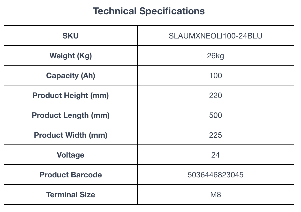 Technical specifications for ULTRAMAX Neo 12V 100Ah Lithium Battery (LiFePO4) with Bluetooth