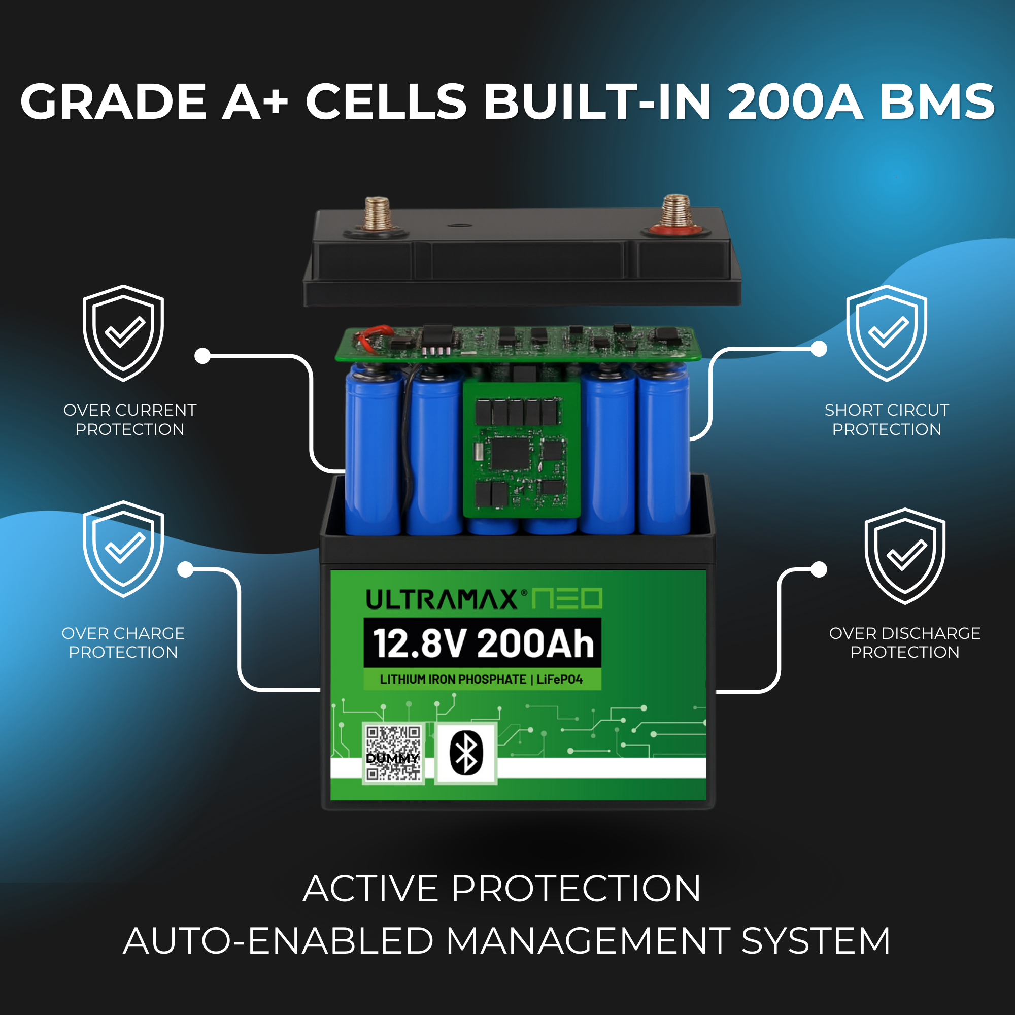 ULTRAMAX Neo 12V 200Ah Lithium Battery (LiFePO4) with Bluetooth