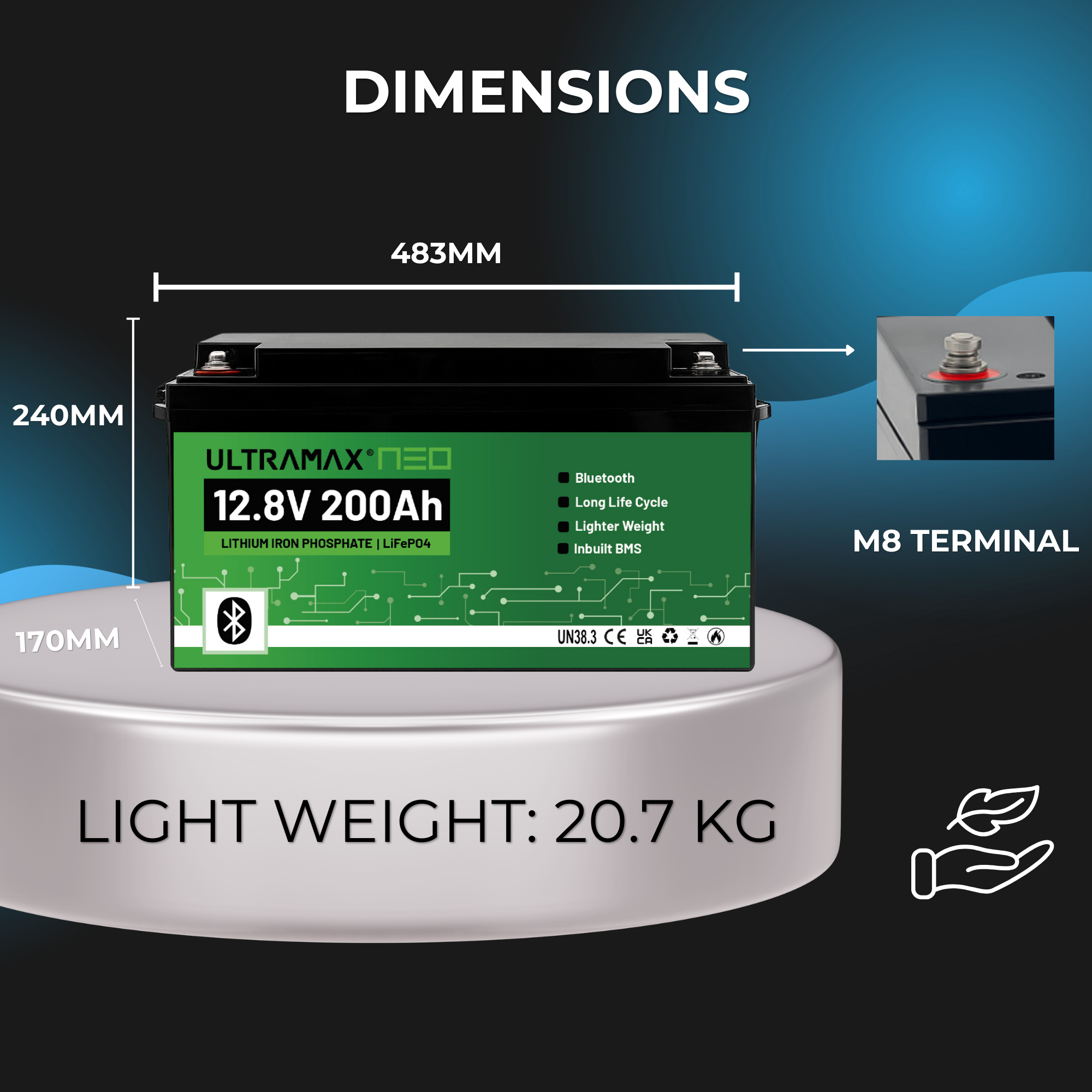 ULTRAMAX Neo 12V 200Ah Lithium Battery (LiFePO4) with Bluetooth