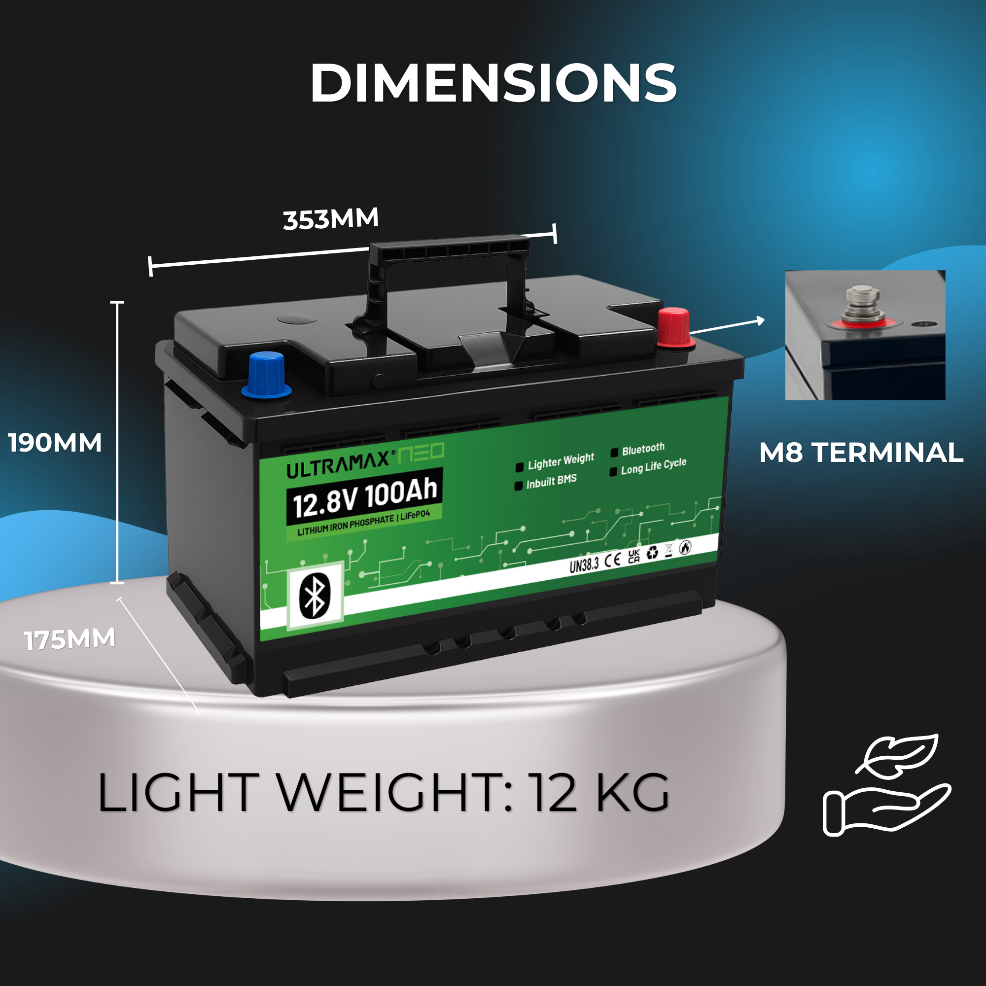 ULTRAMAX Neo 12V 100Ah Lithium Battery (LiFePO4) European DIN H8/L5 size with Bluetooth