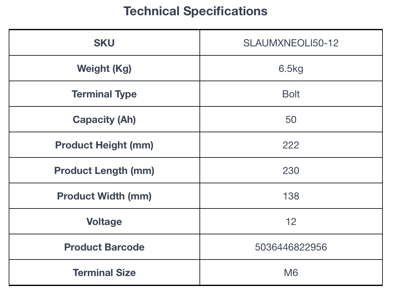 Technical specifications for ULTRAMAX Neo 12V 50Ah Lithium Battery (LiFePO4)