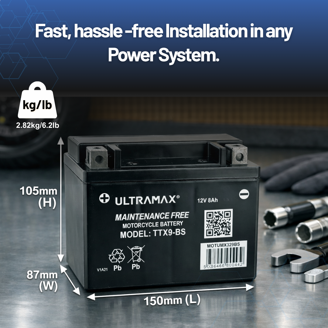 UltraMax 12V 8Ah YTX9-BS Motorradbatterie Ersatz (TTX9-BS)