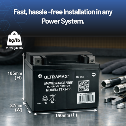 UltraMax 12V 8Ah YTX9-BS Motorradbatterie Ersatz (TTX9-BS)